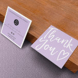 Modern thank you script order minimal purple square business card<br><div class="desc">Modern minimalist and stylish white and pastel  purple lavender business order thank you brush script font with a heart. Add your social media. With an elegant signature script font,  all the colors are editable ,  add your logo.</div>