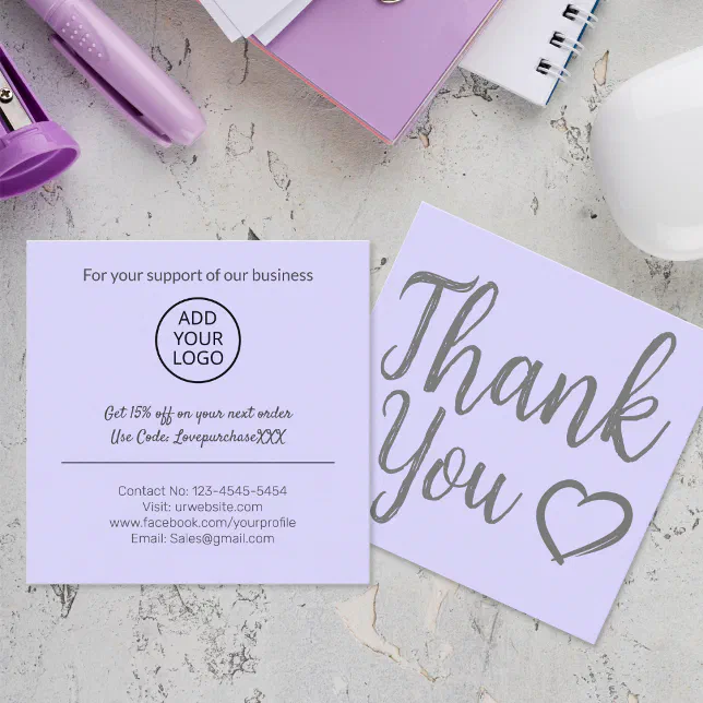 Modern thank you script order minimal purple square business card | Zazzle