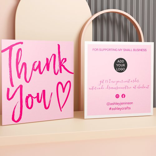 Modern thank you script order minimal retro pink square business card