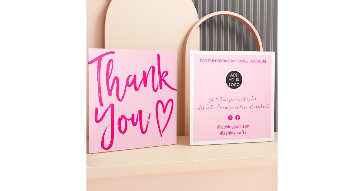Modern thank you script order minimal retro pink square business card ...