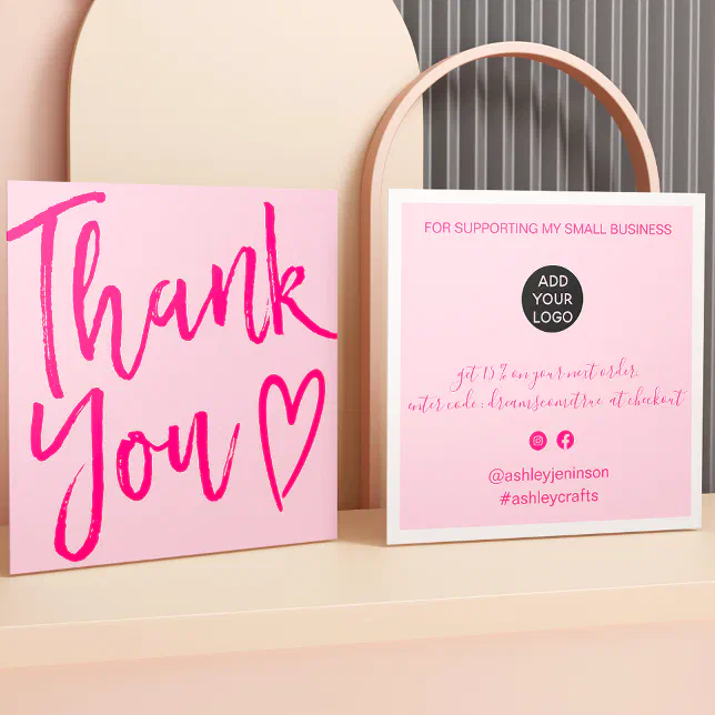 Modern thank you script order minimal retro pink square business card ...
