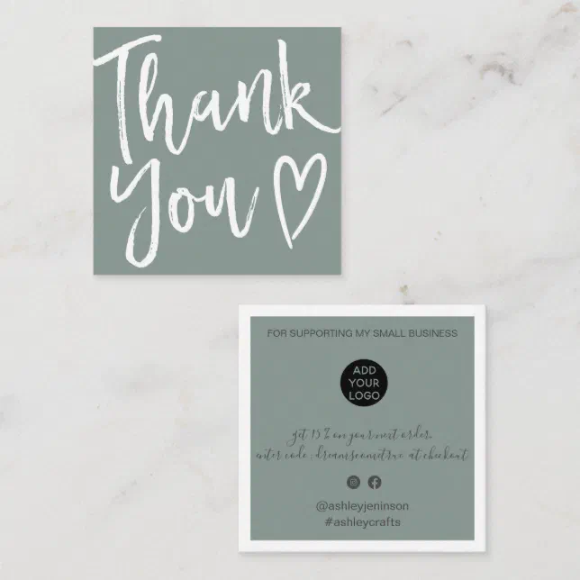Modern thank you script order minimal sage green square business card ...