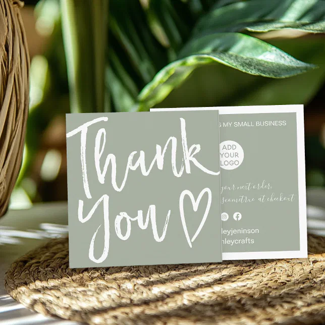 Modern thank you script order minimal sage green square business card ...