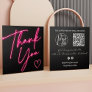 Modern thank you script order neon pink Qr code Square Business Card
