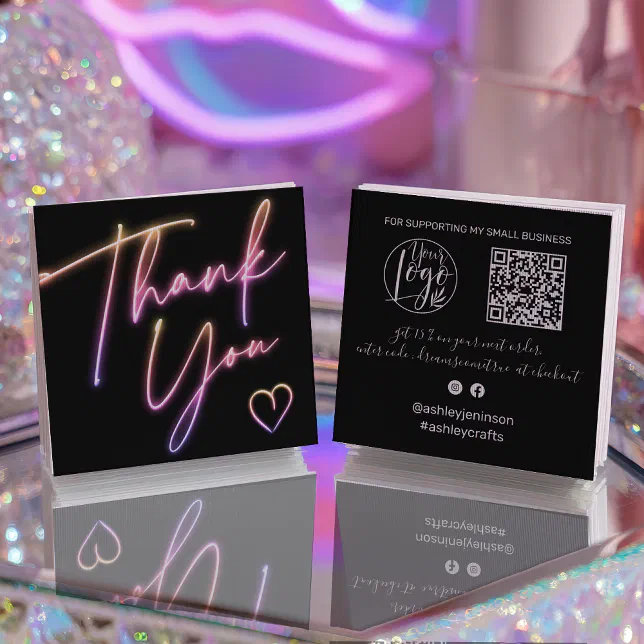 Modern thank you script order neon Qr code Square Business Card | Zazzle