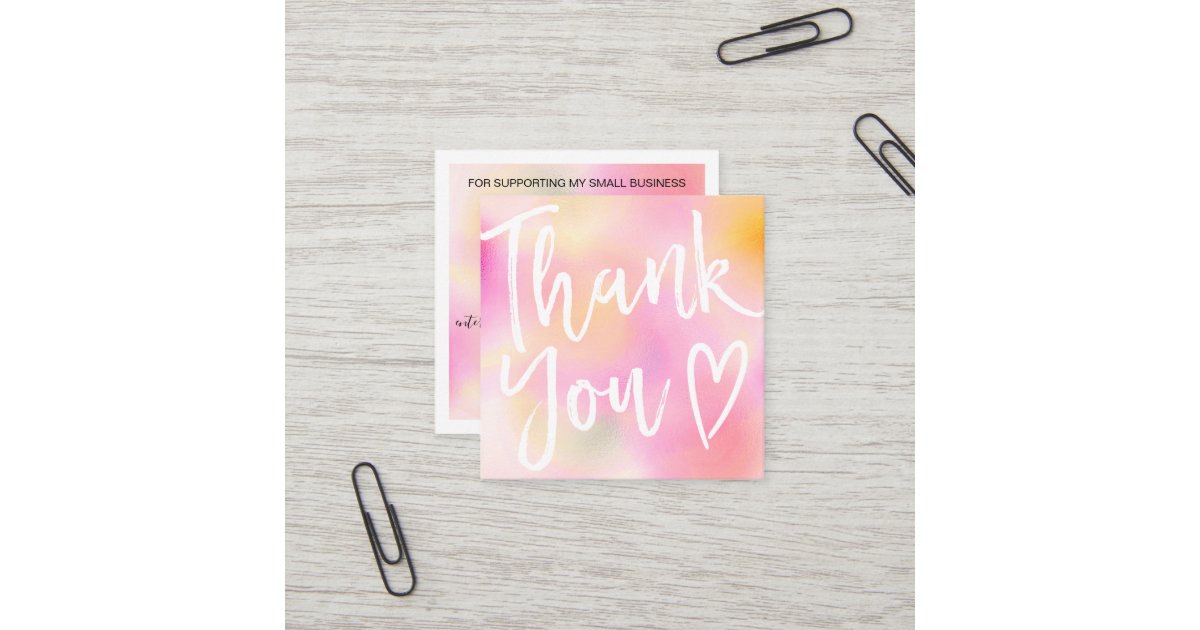 Modern thank you script order pink gradient ombre square business card ...