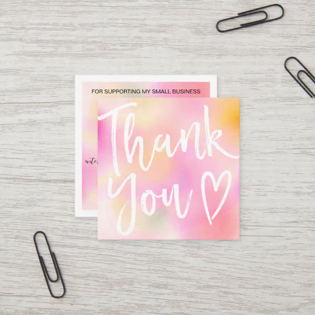Modern thank you script order pink gradient ombre square business card ...