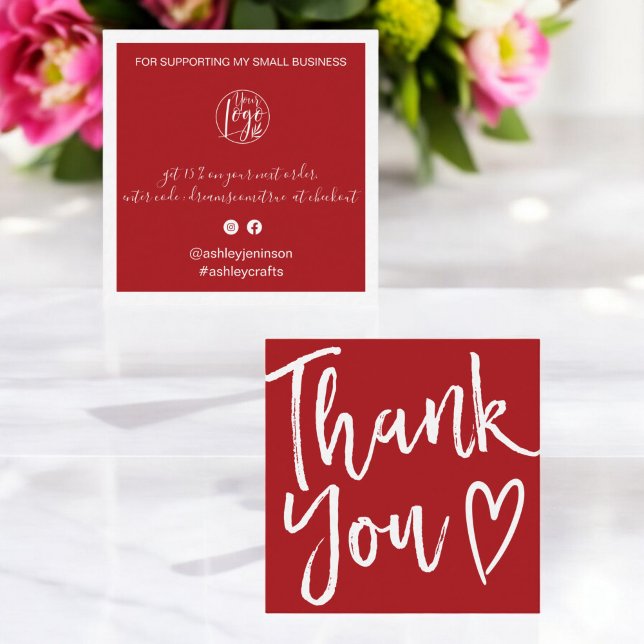 Modern thank you script order red christmas square business card (Modern thank you script order red christmas square business card)