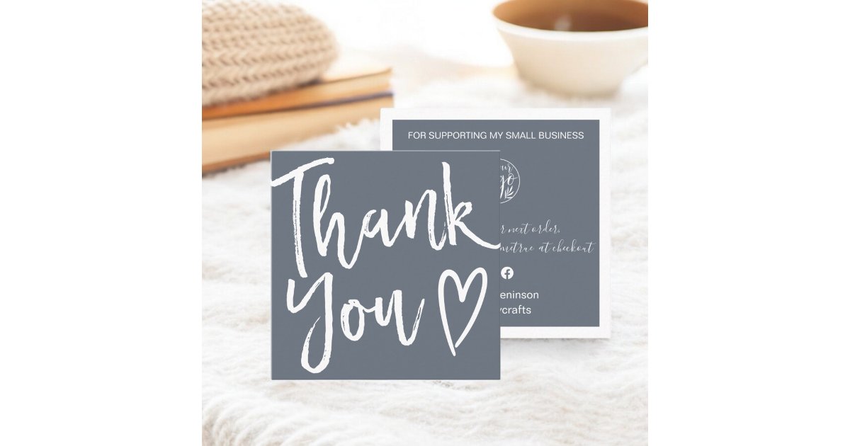 Modern thank you script order simple dusty blue square business card ...