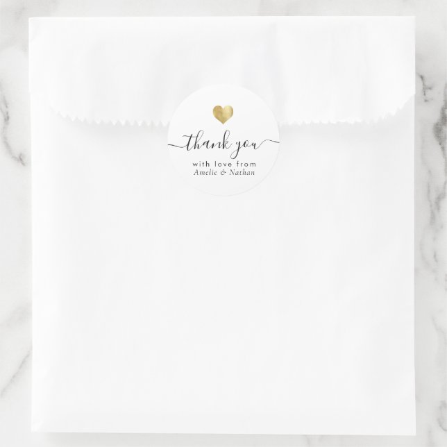 Modern Thank You Script Rose Gold Heart Wedding Classic Round Sticker (Bag)