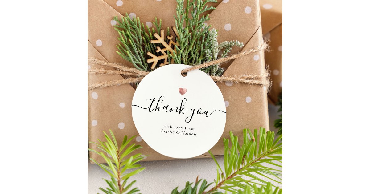 Modern Thank You Script Rose Gold Heart Wedding Favor Tags | Zazzle