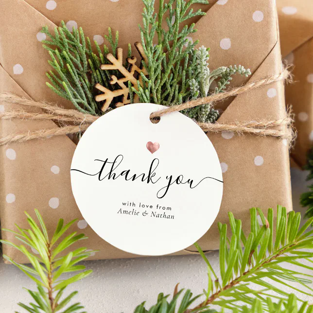 Modern Thank You Script Rose Gold Heart Wedding Favor Tags | Zazzle