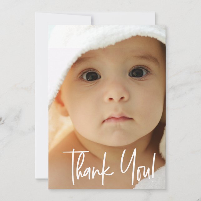 Modern Thank You Script vertical Photo Baby Boy Card (Front)