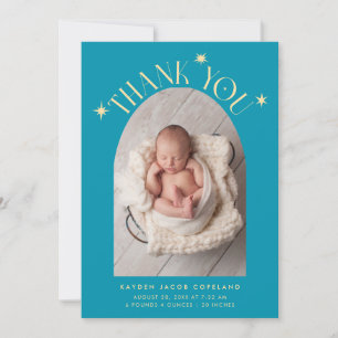 Modern Thank You Stars Aqua Blue Photo Birth Announcement