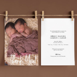 Modern Thank you Twin Baby Photo Personalized Card