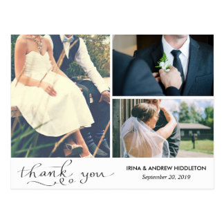 Modern Thank You Typography Three Wedding Photos Postcard