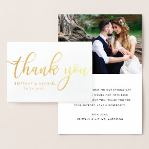 Modern Thank You Wedding Couple Photo Gold Foil Card