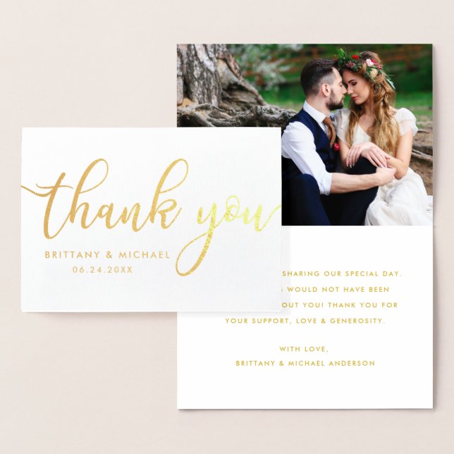 Modern Thank You Wedding Photo Gold Foil Card (Display)