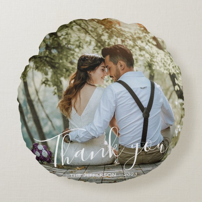 Modern Thank You Wedding Photo Round Pillow (Front)