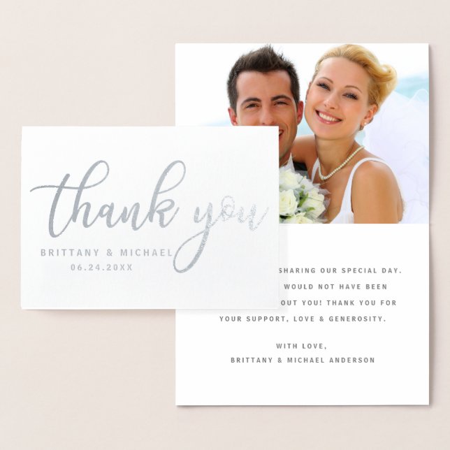 Modern Thank You Wedding Photo Silver Foil Card (Display)