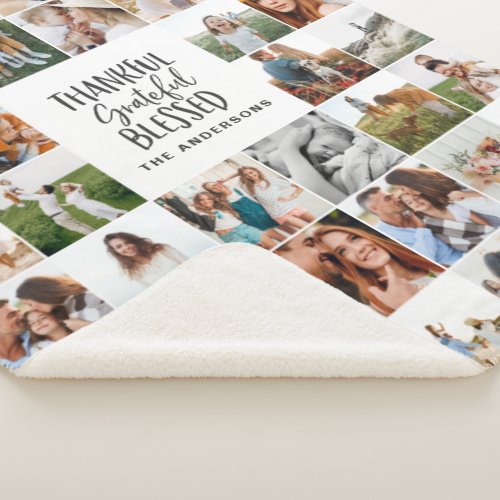 Modern thankful blessed multi photo script sherpa blanket