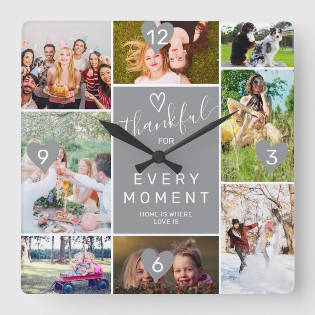 Modern thankful moment 8 photos collage grid gray square wall clock (Front)