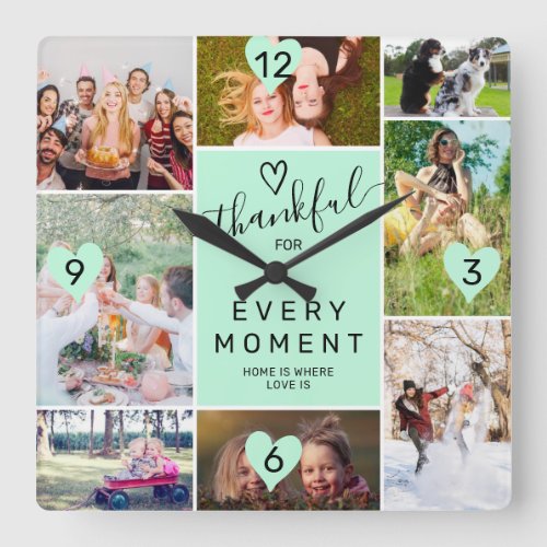 Modern thankful moment 8 photos collage grid mint square wall clock