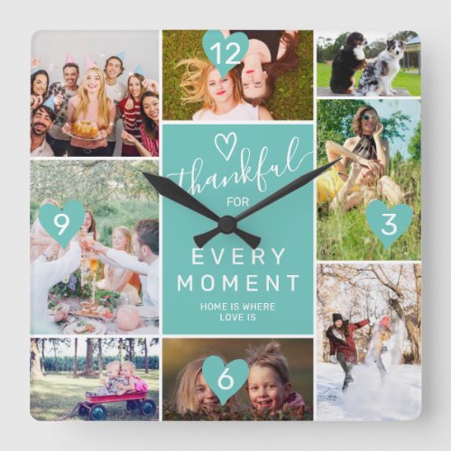 Modern thankful moment 8 photos collage grid teal square wall clock