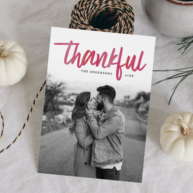 Modern Thankful Raspberry Watercolor Script Photo Holiday Card (Creator Uploaded)