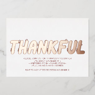 Modern Thankful Rose Gold Red Thanksgiving Dinner Foil Invitation