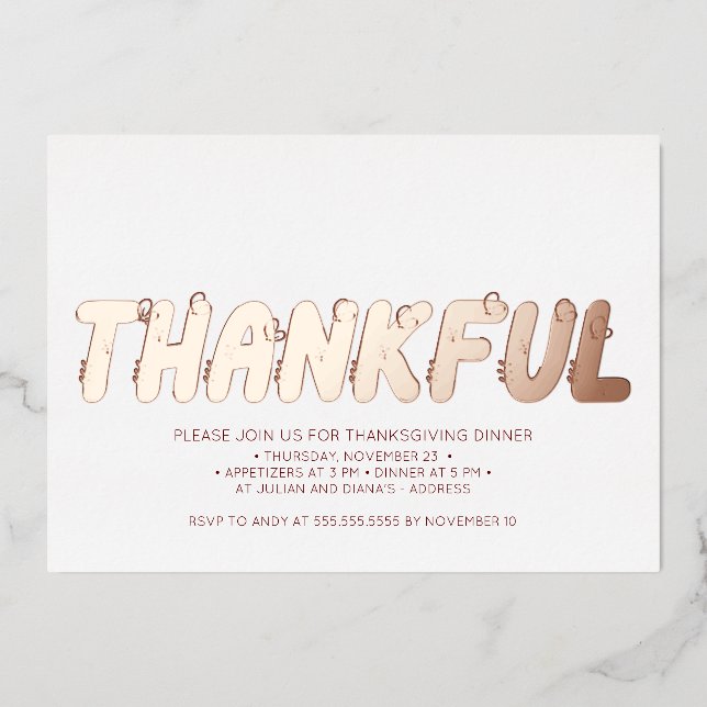 Modern Thankful Rose Gold Red Thanksgiving Dinner Foil Invitation (Front)