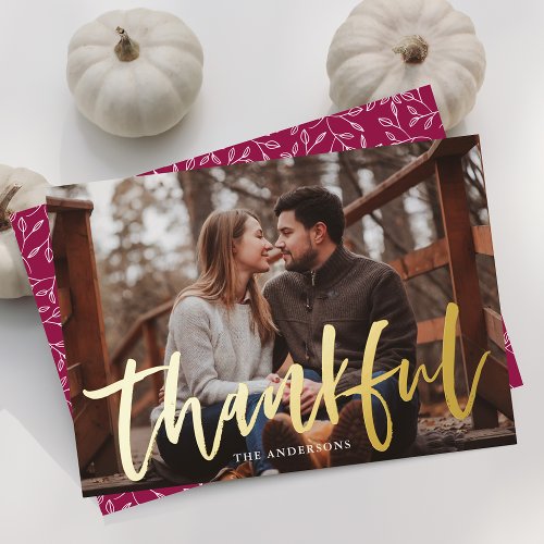 Modern Thankful Script Berry Photo Thanksgiving Foil Holiday Card