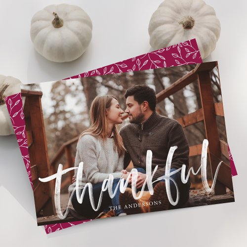 Modern Thankful Script Berry Photo Thanksgiving Holiday Card