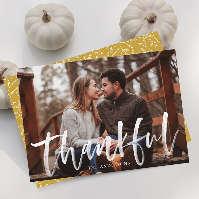 Modern Thankful Script Gold Photo Thanksgiving Holiday Card (Creator Uploaded)