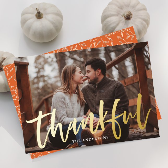 Modern Thankful Script Orange Photo Thanksgiving Foil Holiday Card (Creator Uploaded)