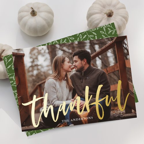 Modern Thankful Script Orange Photo Thanksgiving Foil Holiday Card