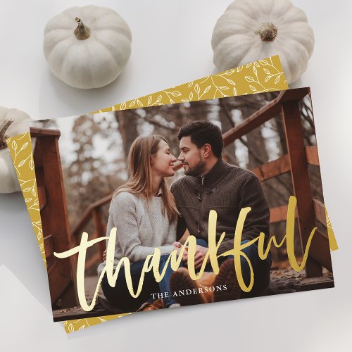 Modern Thankful Script Photo Thanksgiving Gold Foil Holiday Card