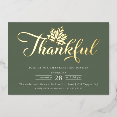 Modern Thankful Thanksgiving Dinner Foil Invitation