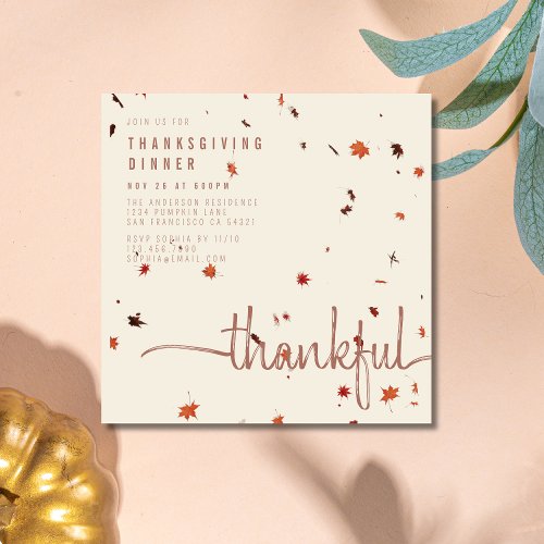 Modern Thankful Thanksgiving Dinner Script Leaves Invitation