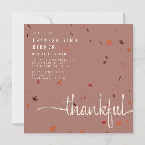 Modern Thankful Thanksgiving Dinner Script Leaves Invitation