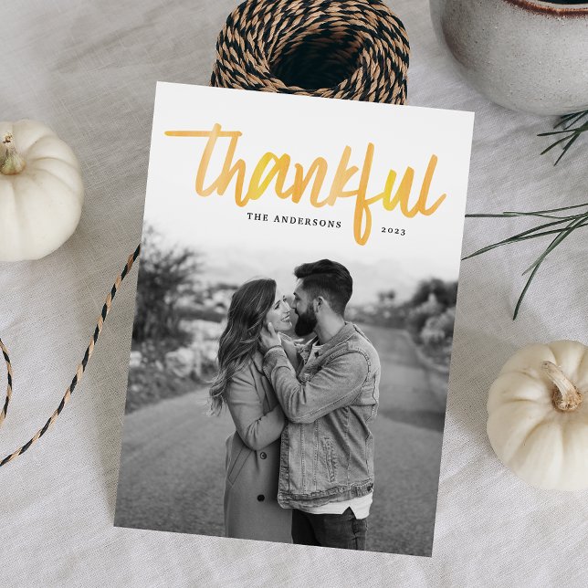 Modern Thankful Yellow Watercolor Script Photo Holiday Card (Creator Uploaded)