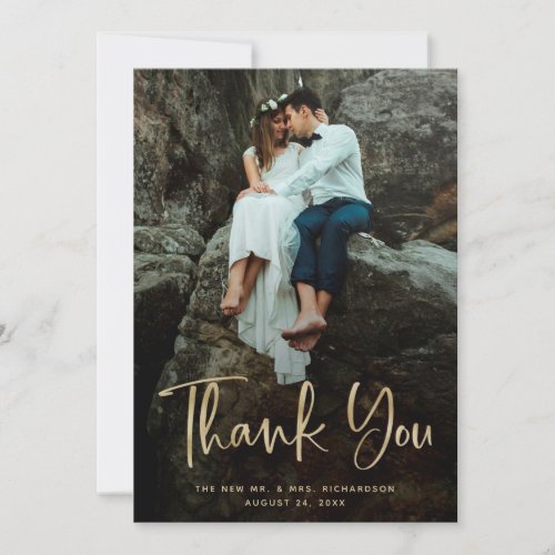 Modern Thanks  Faux Gold Script and Wedding Photo Thank You Card