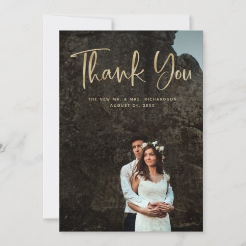 Modern Thanks  Faux Gold Script and Wedding Photo Thank You Card