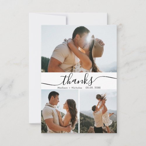 Modern Thanks Script 3 Photo Collage Wedding  Thank You Card