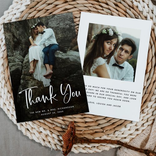 Modern Thanks  White Script and Wedding Photo Thank You Card