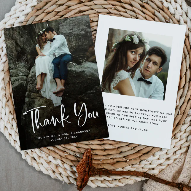 Modern Thanks | White Script and Wedding Photo Thank You Card | Zazzle