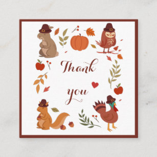 Modern Thanksgiving Animals Illustration Thank You Square Business Card