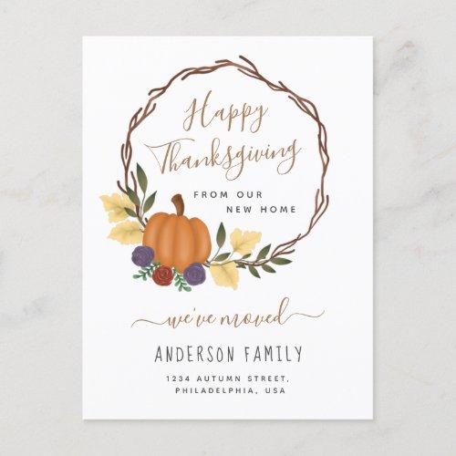 Modern Thanksgiving Autumn Pumpkin Wreath Moving Announcement Postcard