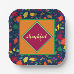 Modern Thanksgiving Colorful Leaf THANKFUL Paper Plates