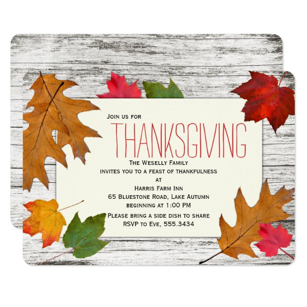 Modern Thanksgiving Dinner Leaves Wood Invitation